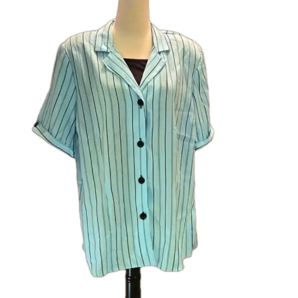 80's Gloria Lance 3X Blouse Mint Green Black Shimmer Stripes Built in Tank